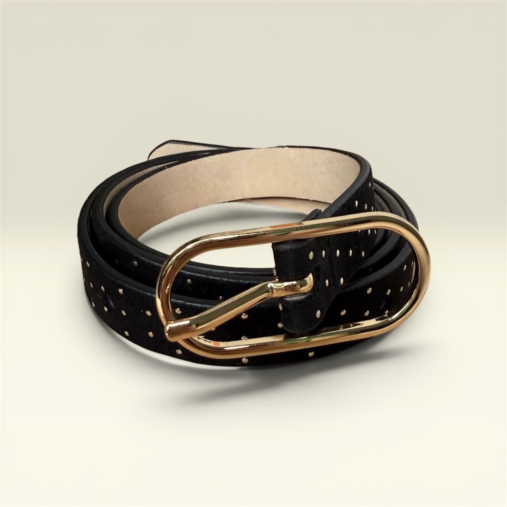 LOFT‎ Studded Belt Womens Black Faux Leather Gold Oval Buckle Minimalist XS